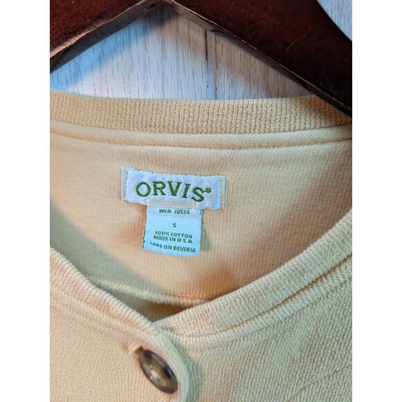 Orvis Cardigan Womens Small Yellow Cotton Sweater Classic Button Pockets USA - Picture 3 of 6